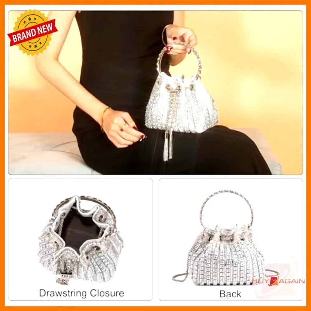 Silver Beaded Hobo Clutch Evening Bag for Wedding Prom Party